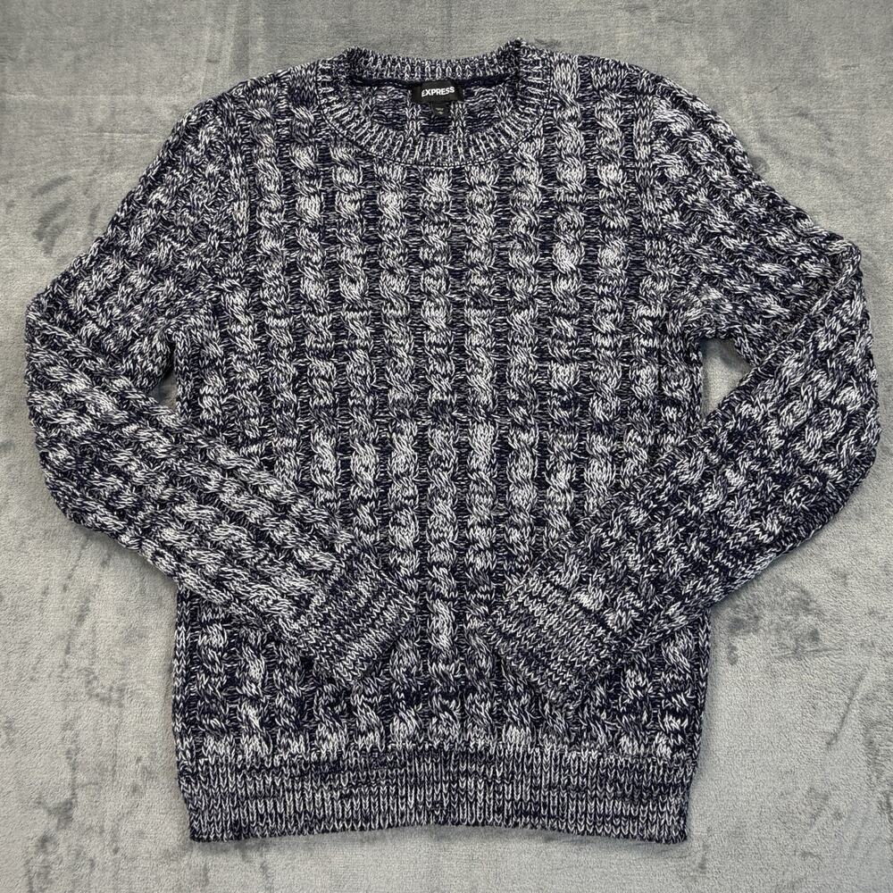 Express Mens Medium Cable Knit Sweater Blue Gray Chunky Pullover Textured NWOT